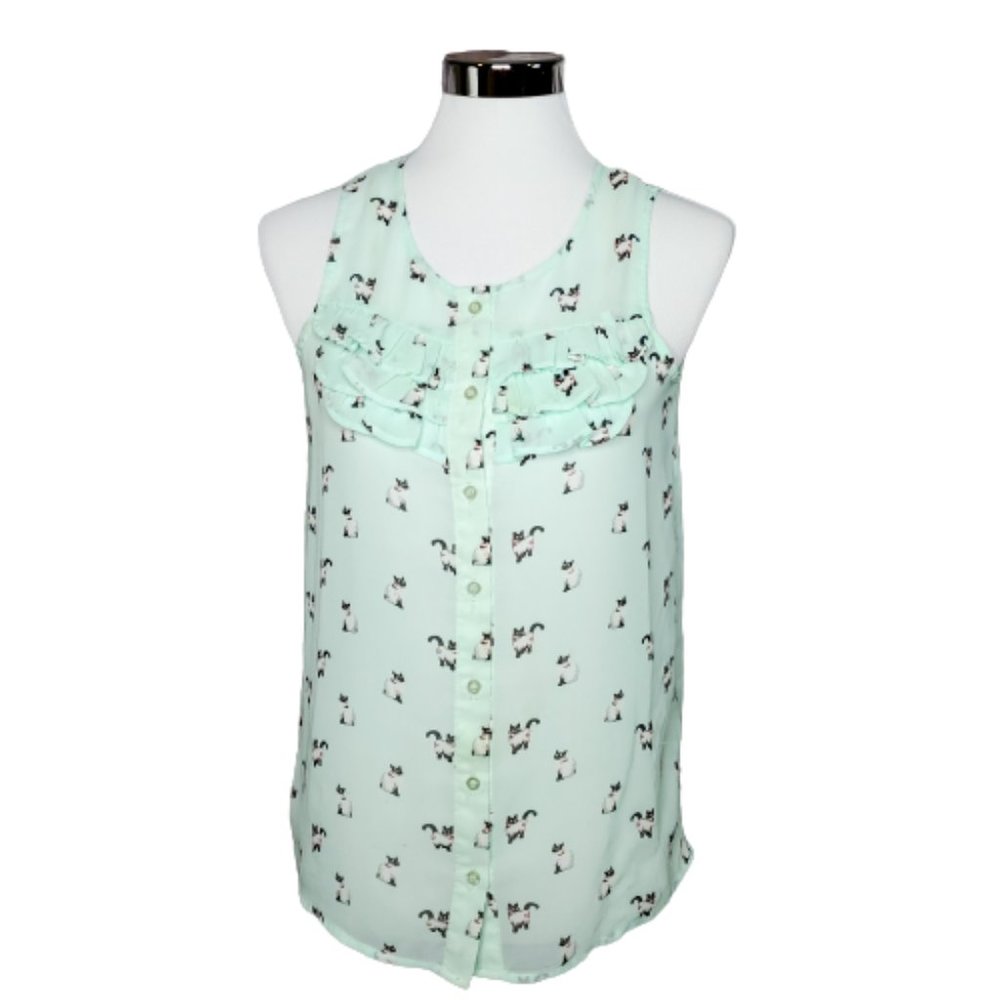 Moon Cat Kitty Button Up Sleeveless Blouse Small S